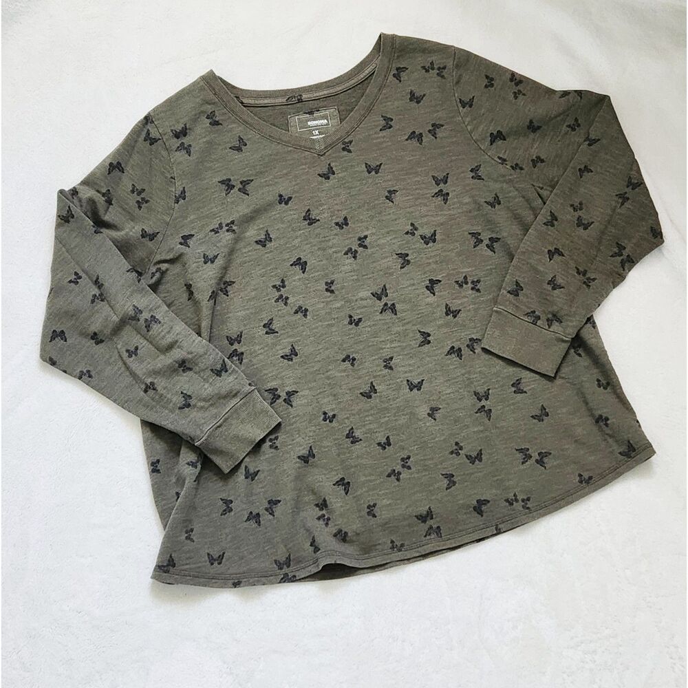 Sonoma Olive Green Butterfly Long Sleeve Tee